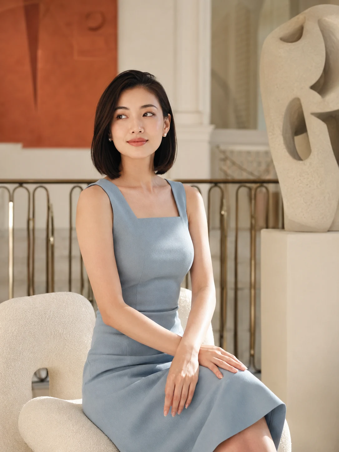 アートギャラリーでくつろぐ、水色のドレスを着た女性。エレナスのイメージ写真。
