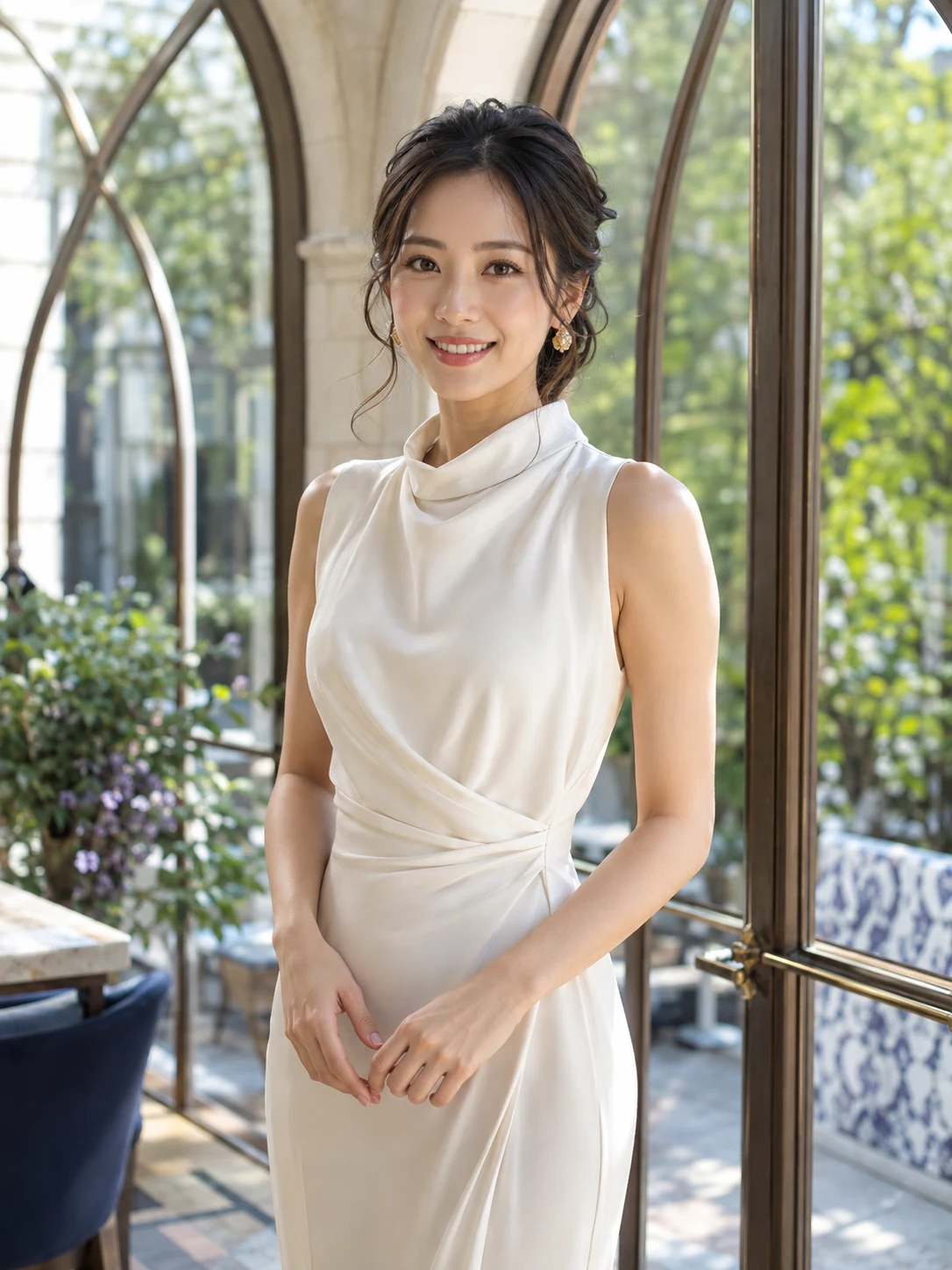 自然光が差す温室で微笑む、アイボリーのドレスを着た女性。エレナスのイメージ写真。