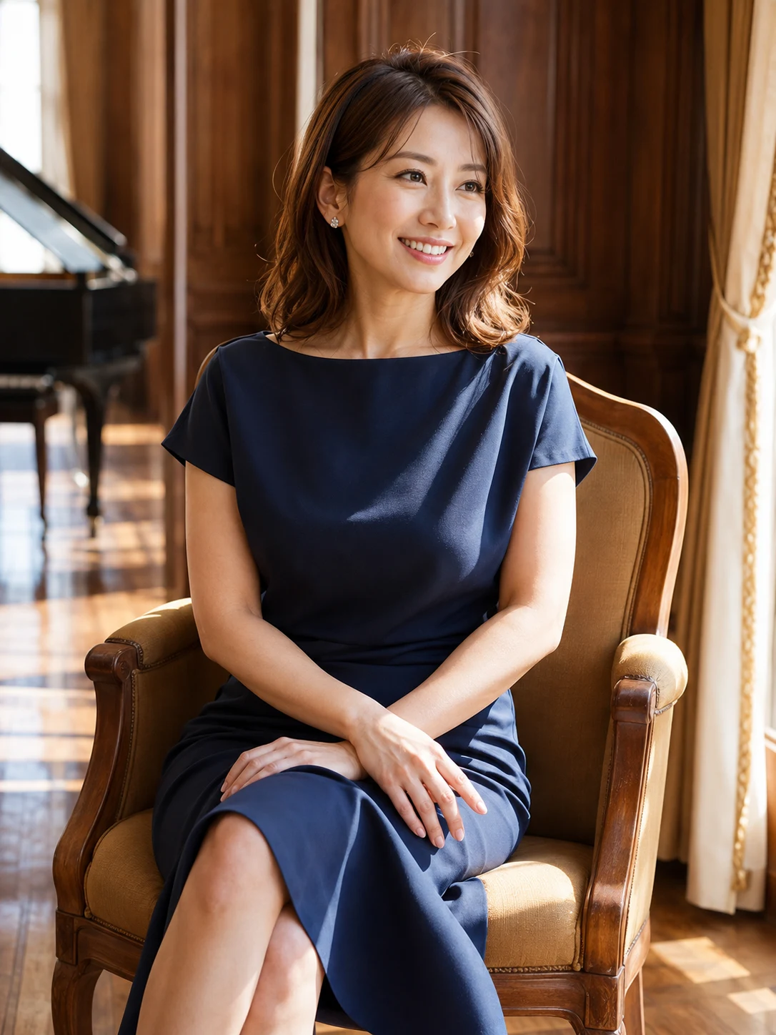 午後のサロンで会話を楽しむ、ネイビーのドレスを着た女性。エレナスのイメージ写真。